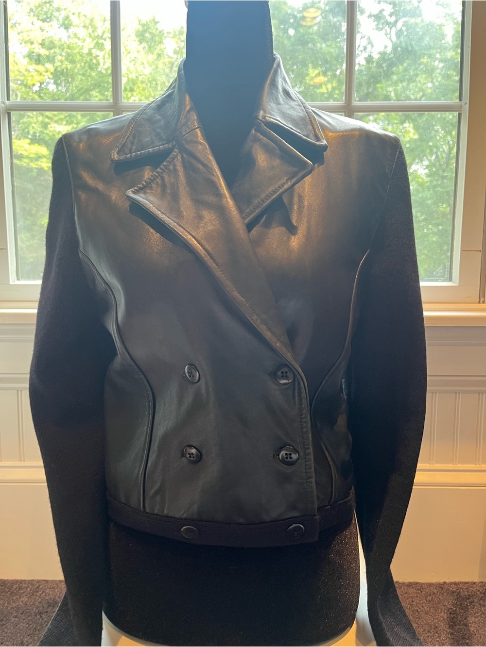 Vintage Anne Klein II Black Leather-Front Double-Breasted Jacket w/ wool sleeves - Picture 3 of 16